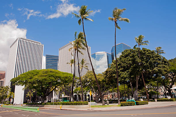Oahu, Hawaii, USA - February 23, 2024 - Cityscape view of downtown Honolulu at the intersection of Vineyard Boulevard on HI 98 and the Pali Highway.