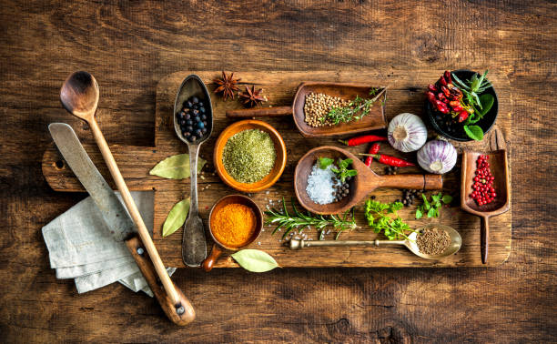 istock Colorful spices on wooden table 678860402