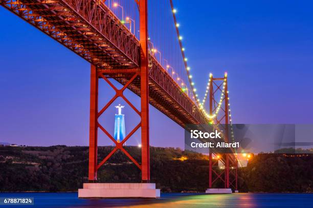 April 25th Bridge And Christ The King Statue In Lisbon Portugal At Sunset Stock Photo - Download Image Now