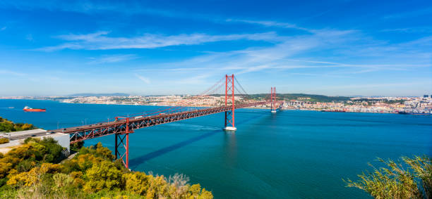 Panoramic view on the April 25th Bridge crossing the Tagus river in Lisbon, capital of  Portugal.
