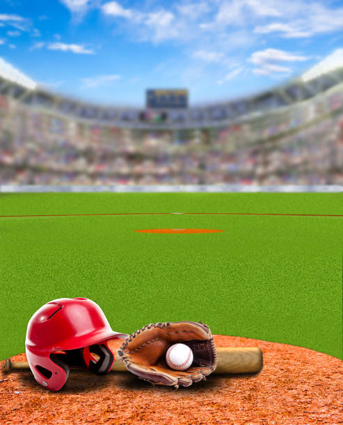 stadio di baseball con attrezzatura e spazio di copia - softball baseball glove sports equipment outdoors foto e immagini stock