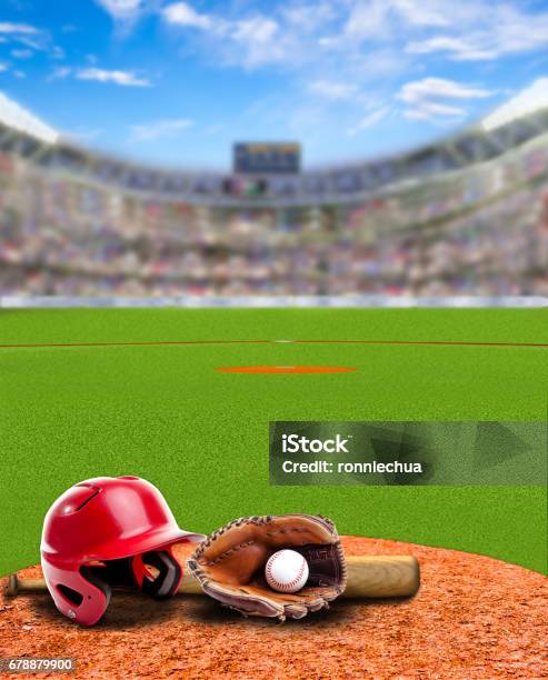 Baseball Stadium With Equipment And Copy Space Stock Photo - Download Image Now - Baseball - Ball, Baseball - Sport, Stadium