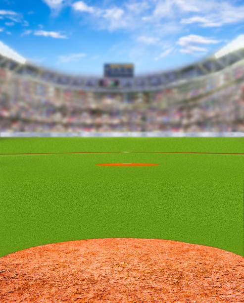 Fictitious Baseball Stadium With Copy Space Fictitious baseball stadium full of fans in the stands with deliberate focus on foreground and shallow depth of field on background. baseball diamond stock pictures, royalty-free photos & images