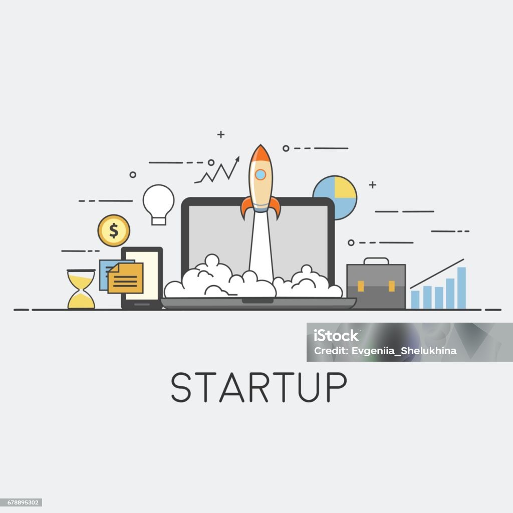 Successful startup. Vector illustration with rocket launch and laptop on the background. Flat vector illustration. Concept illustration of successfull startup New Business stock vector