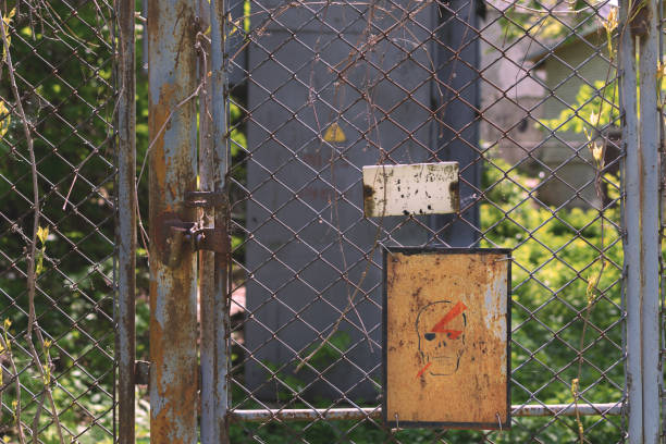 istock Danger. Fence from the grid overgrown with branches. There is a lock on the door 678908098