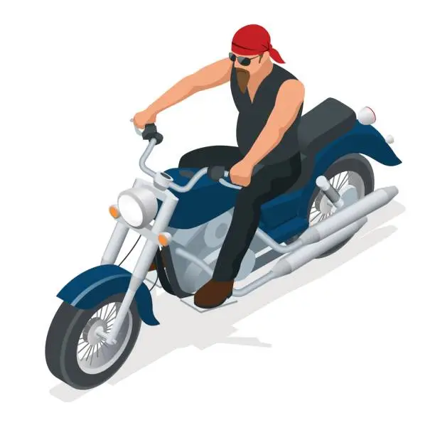 Vector illustration of Isometric biker on a motorcycle on the road. The concept of freedom and travel.