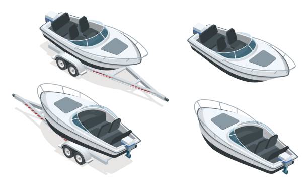 Boat or cutter on a trailer. The launching of a small motor boat at a ramp. Flat 3d isometric high quality water transport Boat or cutter on a trailer. The launching of a small motor boat at a ramp. Flat 3d isometric high quality water transport. boat trailer stock illustrations