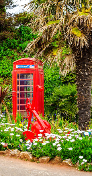 istock Red telephone booth and red solid anchor, green vegetation background, exotic trees and palm trees, seaside resort, 678927590