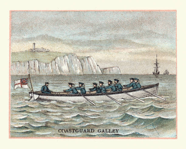 Coastguard Galley, 19th Century Vintage engraving of a Coastguard Galley, 19th Century north downs stock illustrations