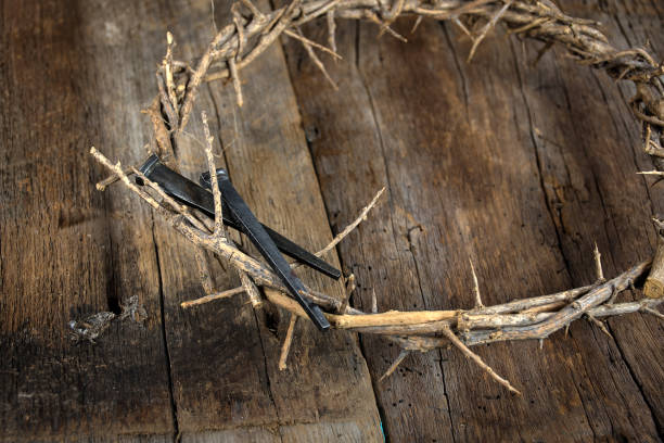 istock crown of thorns and nails on wood 678934614