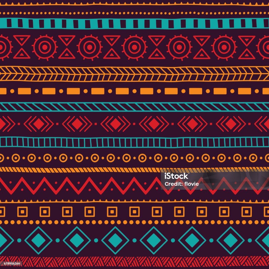 Seamless ethnic ornament. Aztec and tribal motifs. seamless ethnic ornament, aztec and tribal motifs, ornament drawn by hand, blue, yellow, red and purple colors, horizontal lines, print for your textiles, vector illustration Pattern stock vector