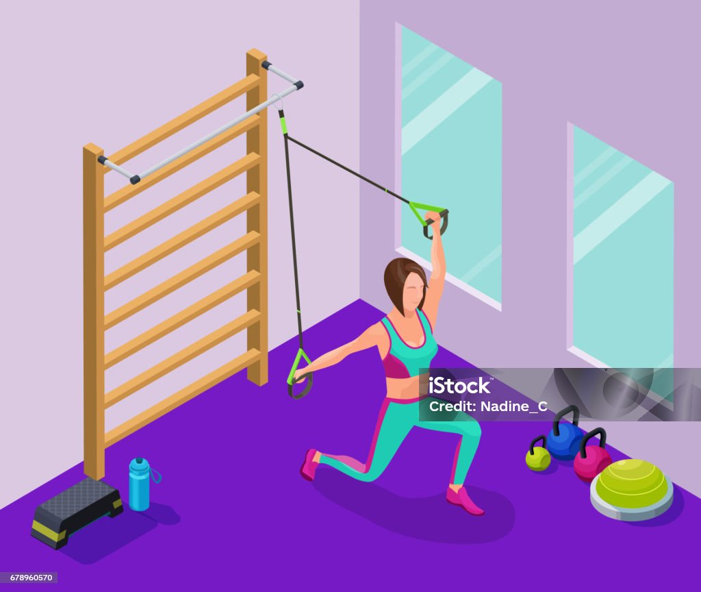 Isometric infographic illustration with girl doing suspension wo Isometric infographic illustration with girl doing suspension workout with straps, belts and other sports equipment Gym stock vector