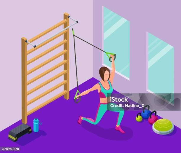 Isometric Infographic Illustration With Girl Doing Suspension Wo Stock Illustration - Download Image Now