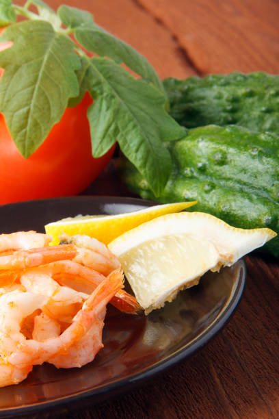 Mediterranean dish of fresh vegetables with shrimps. Dish of fresh, ecological clean products