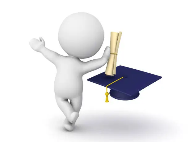 Photo of 3D Character leaning on diploma with graduation hat