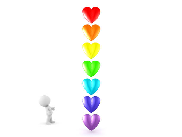 istock 3D Character looking at rainbow colored cartoon hearts 679011886