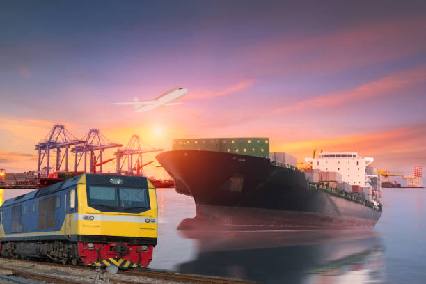 istock Logistics and transportation of Container Cargo ship and Cargo plane with working crane bridge in shipyard at Twilight sky, logistic import export background and transport industry. 679061680