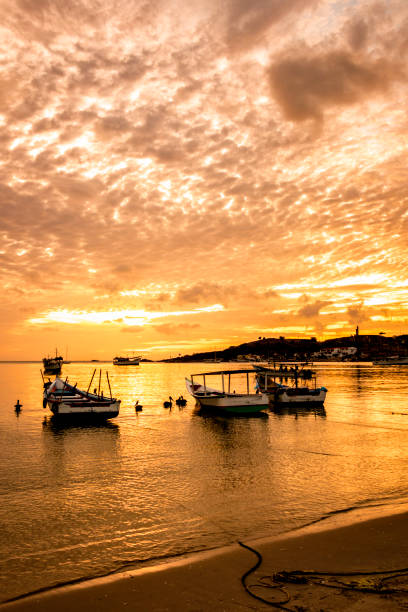 bateaux de pêcheurs au coucher du soleil dans une île tropicale - venezuela photos et images de collection