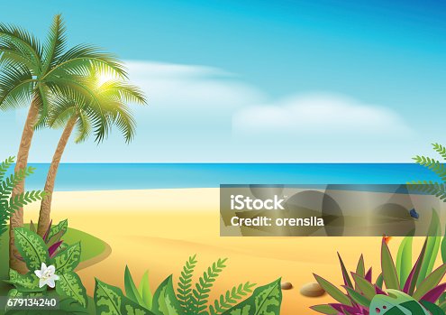 istock Tropical paradise island sandy beach, palm trees and sea 679134240