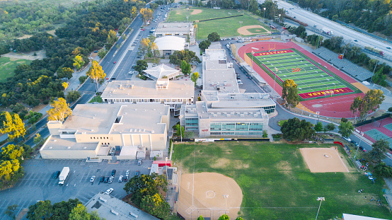 An aerial view of a local high school after hours.