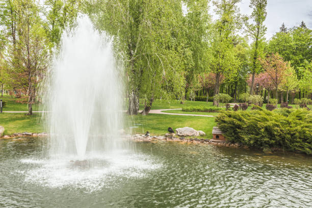 istock Fountain on the lake in a landscape park. 679156056