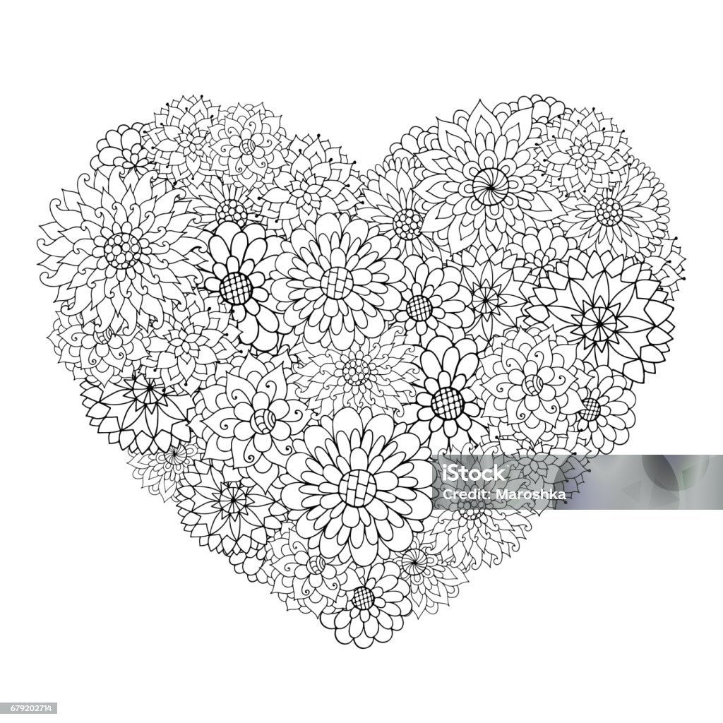 Hand drawn flower heart for adult anti stress. Hand drawn flower heart for adult anti stress. Coloring page with high details isolated on white background. Made by trace from sketch. design pattern for relax and meditation. Adult stock vector