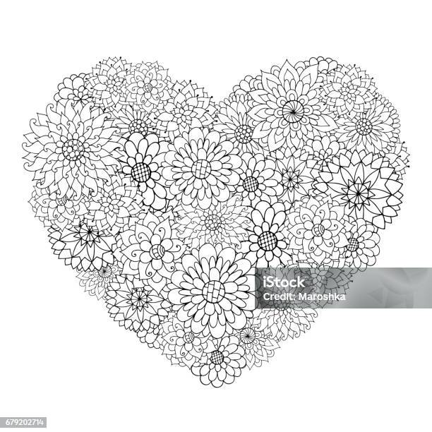 Hand Drawn Flower Heart For Adult Anti Stress Stock Illustration - Download Image Now - Adult, Coloring, Coloring Book Page - Illlustration Technique