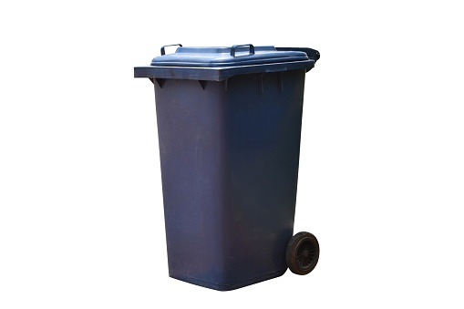 Old blue bins with lids to prevent insect or animal paws and a wheel ,  isolated on white background with clipping path.