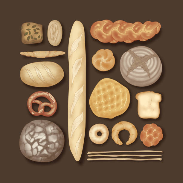 illustrations, cliparts, dessins animés et icônes de arrangement de pain sur fond brun foncé (pointiller & knolling) - handroll
