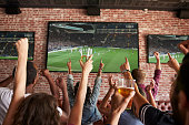 Rear View Of Friends Watching Game In Sports Bar On Screens