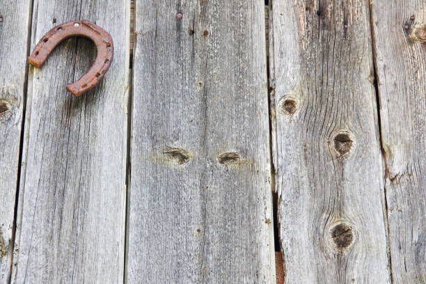 Wood texture background with rusted horseshoe stock photo