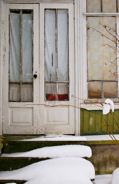 istock White wooden door with snow 679304270
