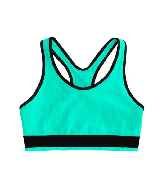 top in reggiseno sportivo al neon turchese verde, isolato su sfondo bianco - reggiseno sportivo foto e immagini stock