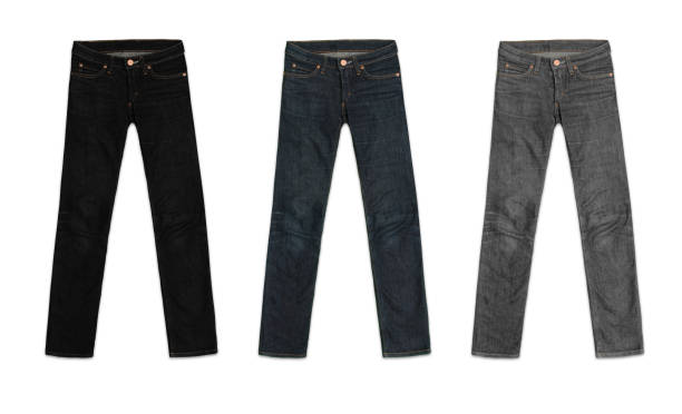 drei damen jeans hose in schwarz, blau und grau, isoliert auf weißem hintergrund - pants stock-fotos und bilder