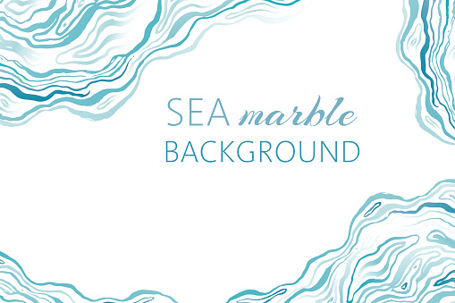 Sea marble background with ink grunge waves. Marine hand drawn textured banner.