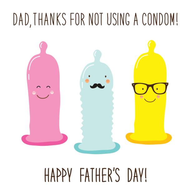 Funny unusual hand drawn Father's Day greeting card Funny unusual hand drawn Father's Day greeting card with cute cartoon characters of condoms and comic hand written text funny fathers day stock illustrations