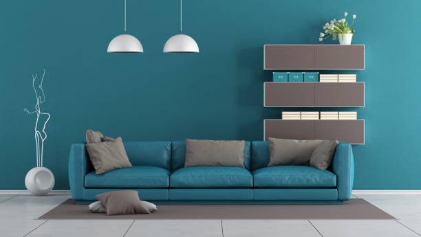 istock Blue and brown modern living room 679352412