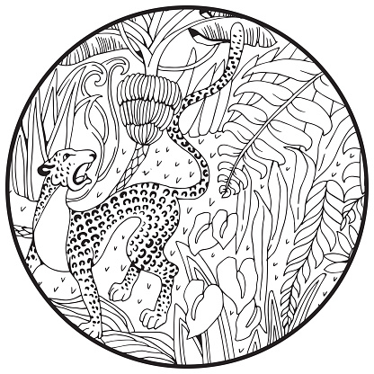 Leopard In The Jungle Coloring Page Exotic Flowers And Wild Animals