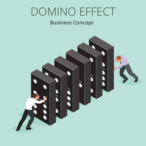 Isometric Man Start domino effect a and Chain reaction concept. Business metaphor. Business solution and helping business themes. Isometric Man Start domino effect a and Chain reaction concept. Business metaphor. Business solution and helping business themes strategic themes stock illustrations