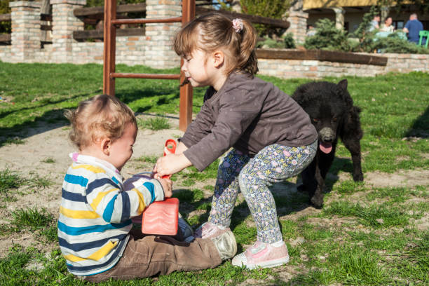 Brother and sister playing at the countryside