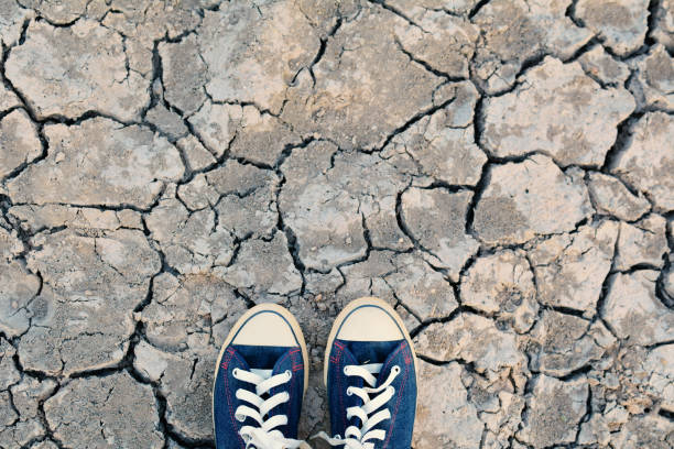 istock sneaker on crack dry ground, concept drought 679453156
