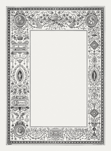 Renaissance ornament frame with portraits of Pope Julius II and Italian architect Bramante. Wood engraving, published in 1884.