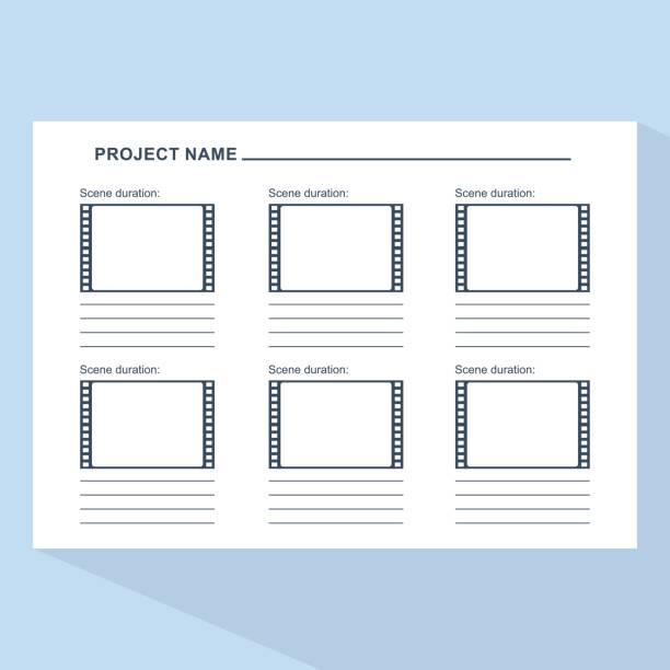 storyboard template on blue Storyboard template in form of a film. Scenario for media production. Flat vector cartoon illustration. Objects isolated on a white background. storyboard template stock illustrations