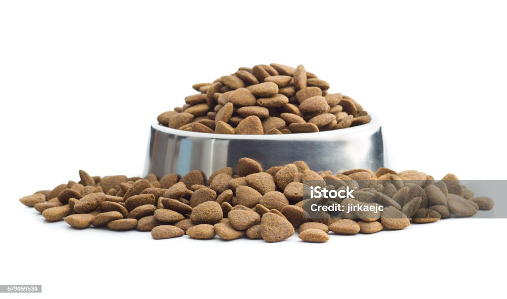 Dry kibble dog food Dry kibble dog food in metal bowl isolated on white background. Animal Stock Photo