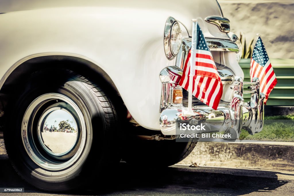 Flags 9 Patriotic flare on the front of a 1940's truck. Car Stock Photo