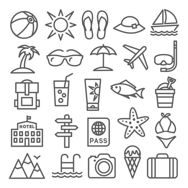 illustrazioni stock, clip art, cartoni animati e icone di tendenza di icone della linea estiva - suntan lotion symbol ice umbrella