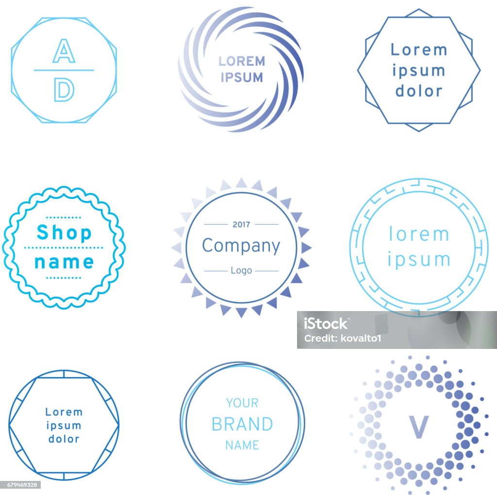 青いバッジとロゴのラベルのグラフィックのセットです。デザイン要素、ビジネス印、ラベル、ロゴ - 円形のロイヤリティフリーベクトルアート