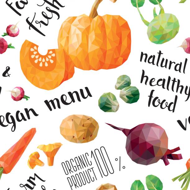 ilustrações de stock, clip art, desenhos animados e ícones de polygonal low poly seamless pattern of  farm vegetables - kohlrabi turnip cultivated vegetable