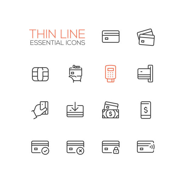 Finance - modern vector single thin line icons set Finance - modern vector single thin line icons set. Credit card, microchip, hand, registrator, dollar bill, mobile device, check, denial, lock bank financial building clipart stock illustrations