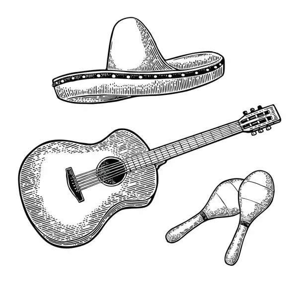 Vector illustration of Set for poster mexican carnival. Guitar, maracas and sombrero.